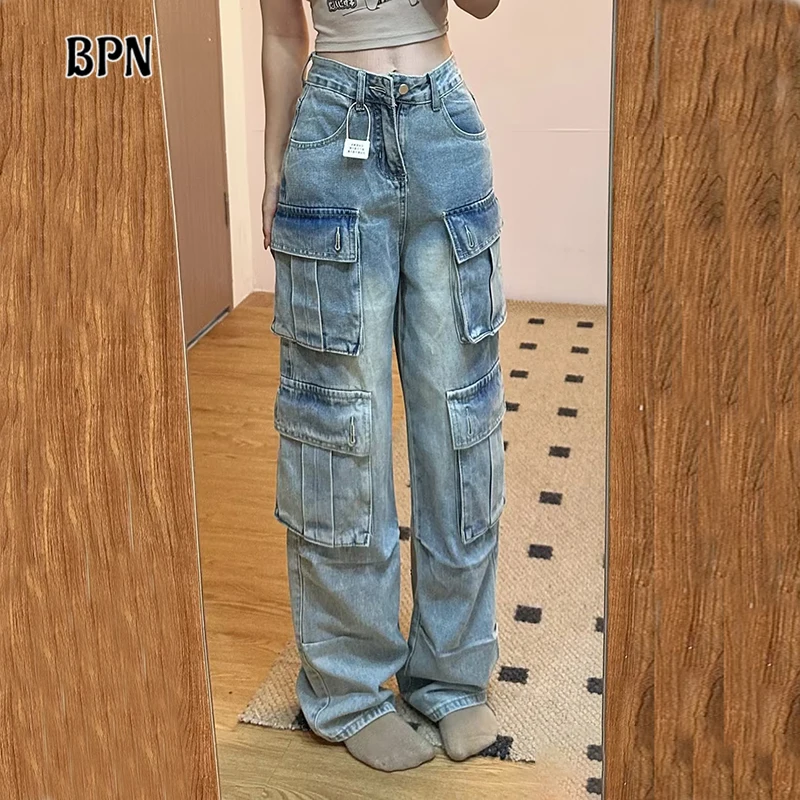 

BPN Streetwear Patchwork Pockets Jeans For Women High Waist Soild Casual Loose Wide Leg Denim Trousers Female Fashion Clothing