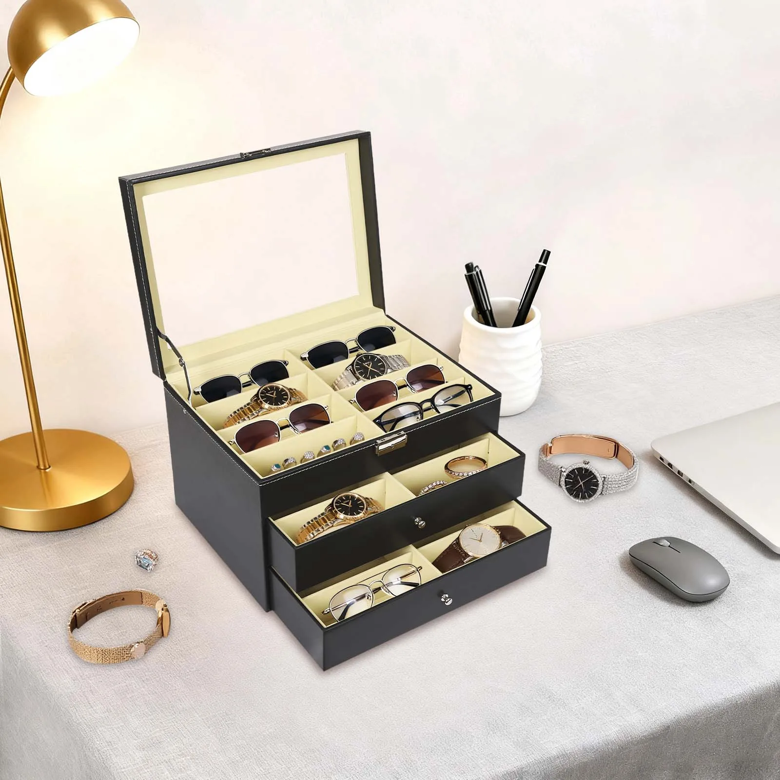 

3 Tiers Eyeglasses Display Case,Sunglass Glasses Display Drawer 24 Compartments,Jewelry Organize Box Black for Exhibitions,Homes