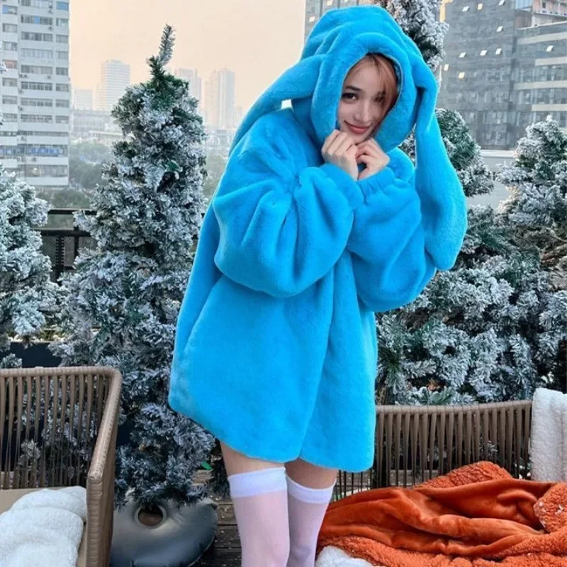Puffer Jacket Women Faux Fur Thick Coats Rabbits Sweet Foe Women Winte Autumn Sweaters