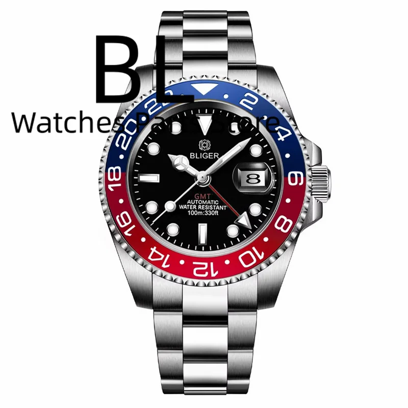 BLIGER Logotipo personalizado 40MM zafiro GMT Reloj mecánico para hombre bisel de cerámica 10Bar luminoso nuevo extremo enlace Glide Lock pulsera Reloj