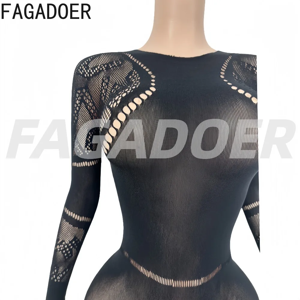 FAGADOER Sexy Stricken Bodycon Overalls für Frau Einfarbig Hohl-out Lange Ärmel Strampler Weibliche Streetwear Overalls Neue