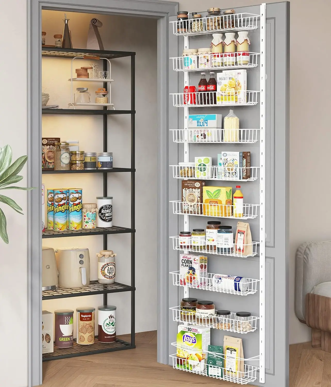 

10-Tier Pantry Door Organization and Storage Over the Door Pantry Organizer Metal Hanging Kitchen Spice Rack Can Organizer White