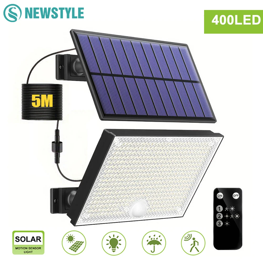 Lampes solaires d'extérieur 366/400/318 LED avec détecteur de mouvement, lampes de sécurité étanches IP65, lampes solaires à énergie solaire pour jardin, cour