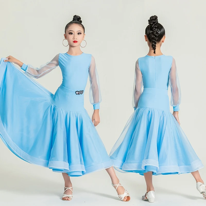 Pink Blue Ballroom Dance Dresses Girls Waltz Standard Dancing Performance Wear Two Piece Tango Dance Stage Costume VDB7661