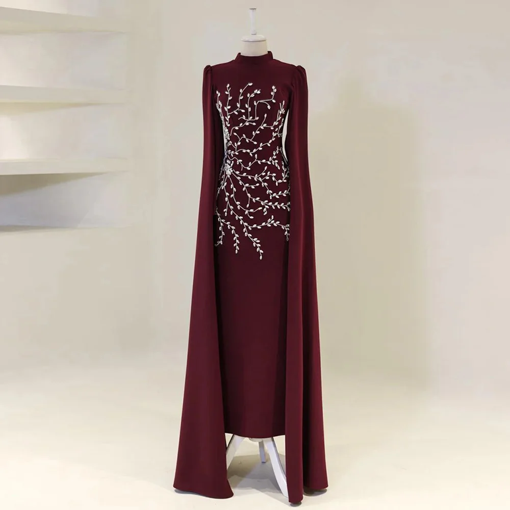 Fashion Burgundy Prom Dress Customized High Neck Long Sleeves Crystal Beading Arabian Party Gown Dancing Evening Dresses