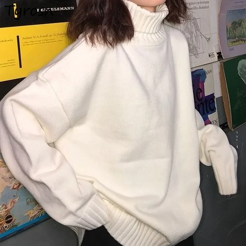 

Turtleneck Sweater Women Solid Korean Style Elegant Loose-fit Pullover Casual Knitted Sweaters Femme All-match Tops Hot Sale Ins