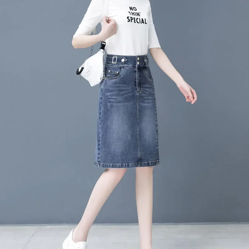 Split Jean A-Line Skirt Woman 2024 Summer High Waist Double Buttons Blue Midi Skirts for Women Korean Office Denim Skirt A293