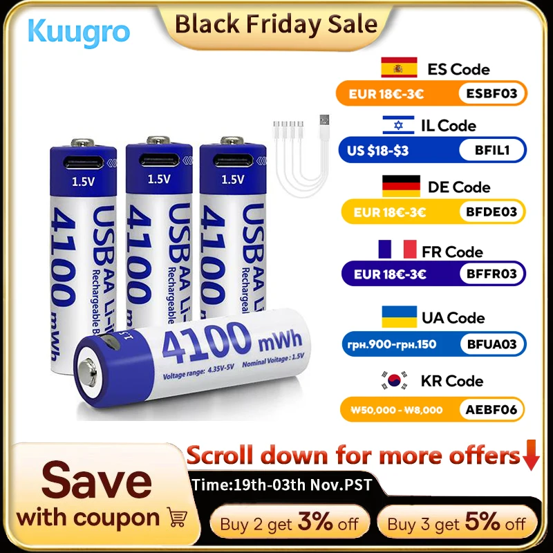 

kuugro 1,5 В 4100 МВтч аккумуляторная батарея типа АА высокой емкости USB Type-C литий-ионная батарея aa для дистанционного управления умным дверным замком игрушки