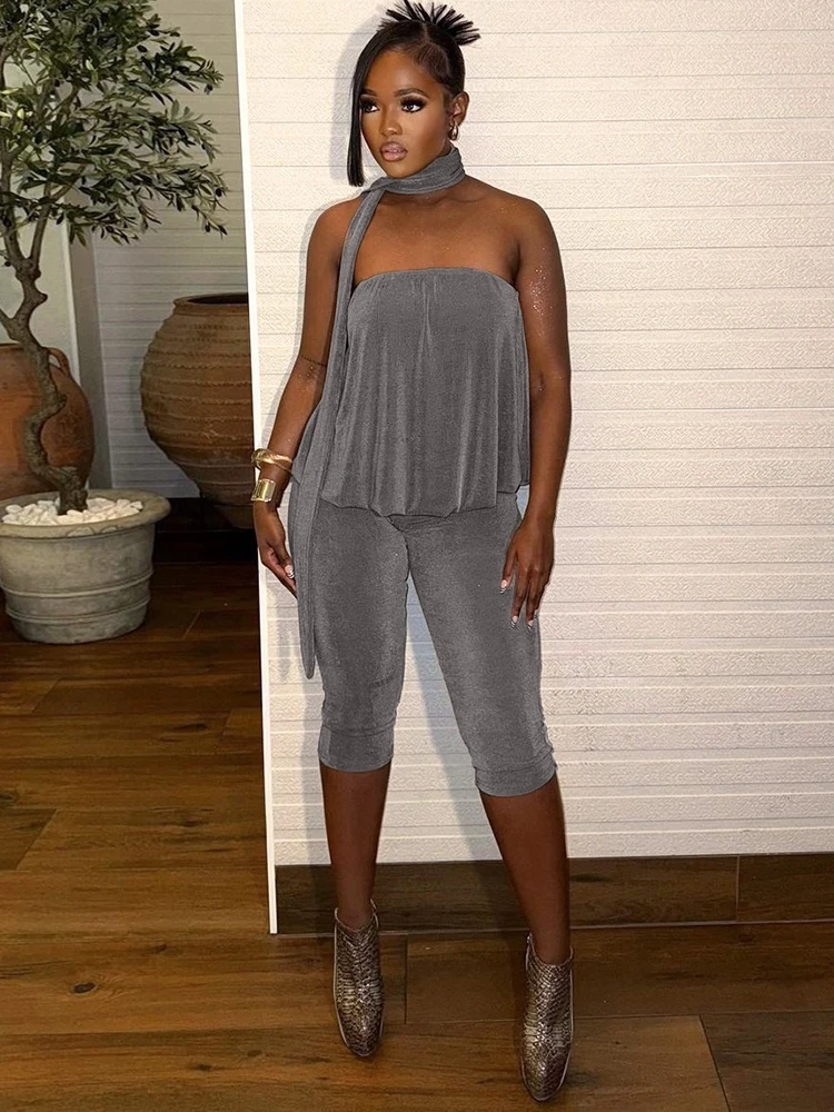 

Weird Puss Casual Ribbed 3 Piece Set Women Solid Scarf+Off Shoulder Ruched Tops+Skinny Crop Pants Daily Fashiom Simple Outfits