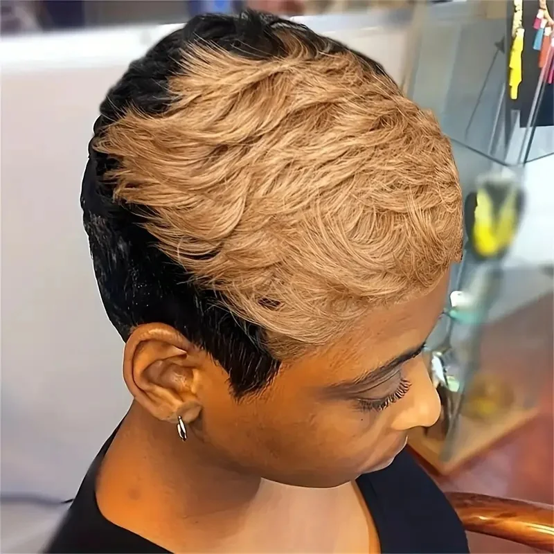 인간의 머리 픽시 컷 가발 웨이브 여성용 완전 기계 제작 가발