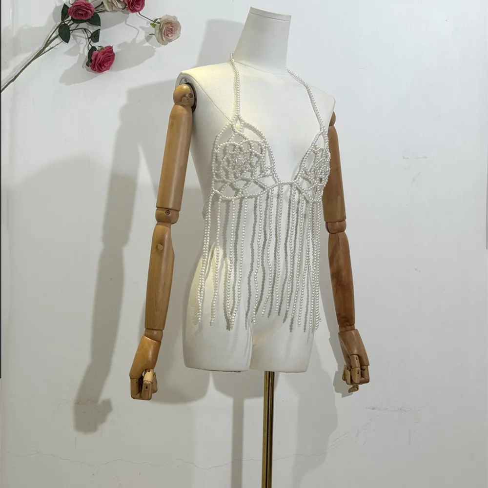 Fashion Hand Stitched Beaded Hollow Backless Pearl Bra Elegant Ladies Sling Vest  Summer Pearl Tops Clothes Y2k Fashion