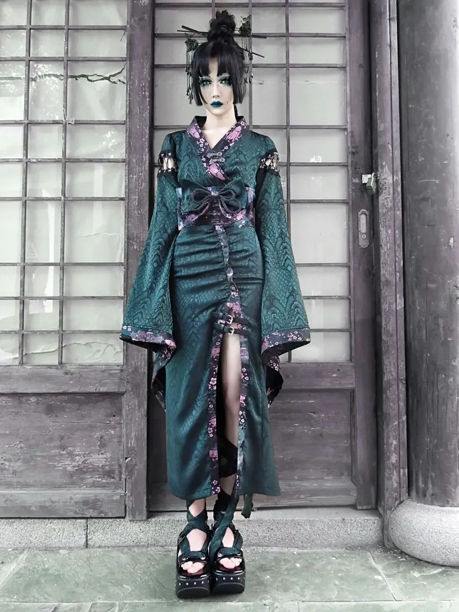 Blood Supply Original Design Sexy Snake Pattern Dark Green Skirt Sheath Straight Long High Slit Bow Tie Skirts Gothic Punk Skirt