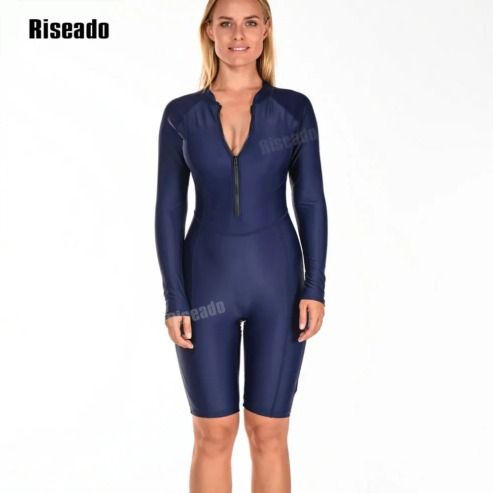 Costume da bagno intero da donna costume da bagno imbottito Rash Guard a maniche lunghe protezione UV muta da Surf blu Navy con Zip frontale