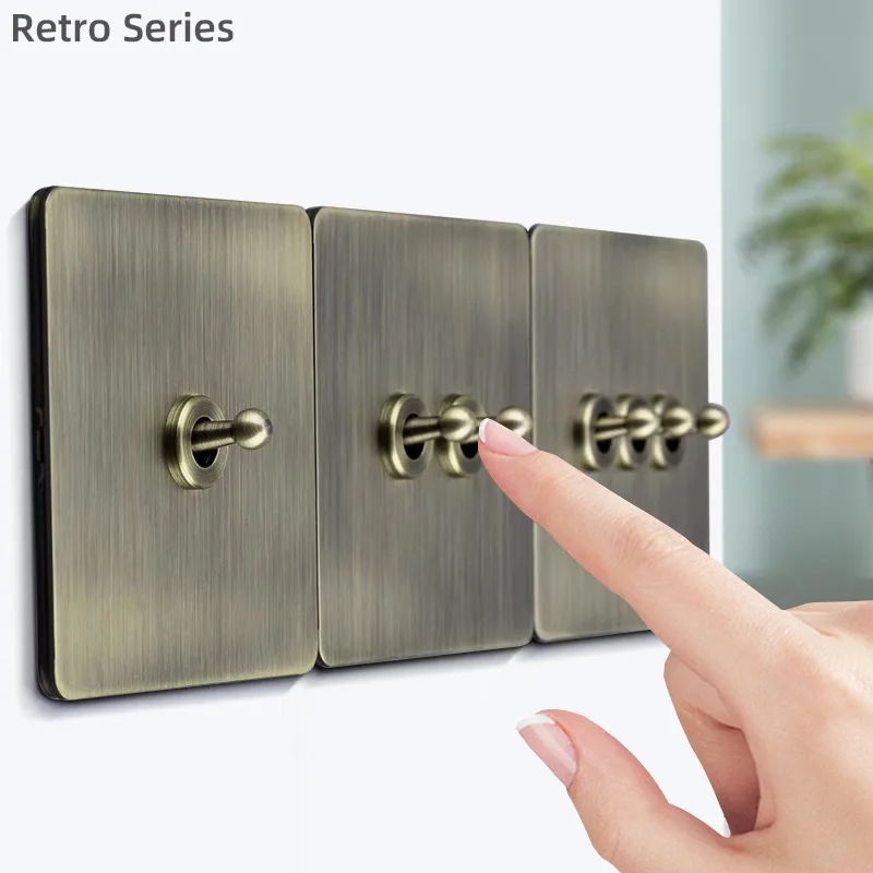 

Retro EU metal panel wall toggle light switch socket, bronze antique stainless steel German 16A socket, with USB Type-c charging