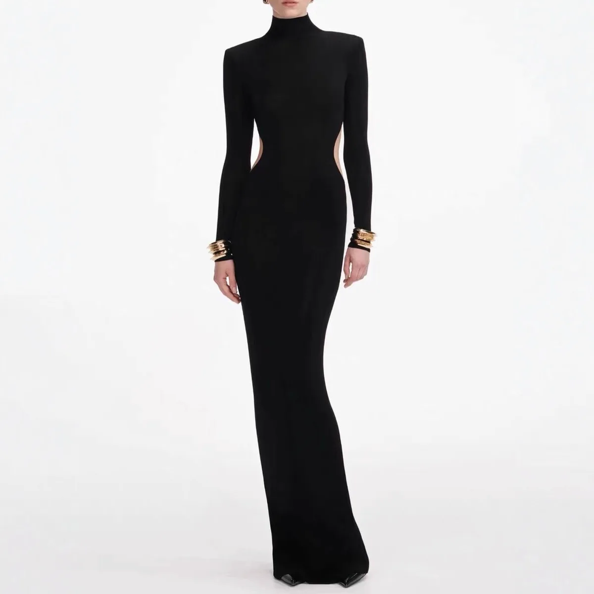 

Women's Black High-Neck Slim-Fit Knit Elegant Dress 2025 Women's Clothing Long Dresses with Sleeves