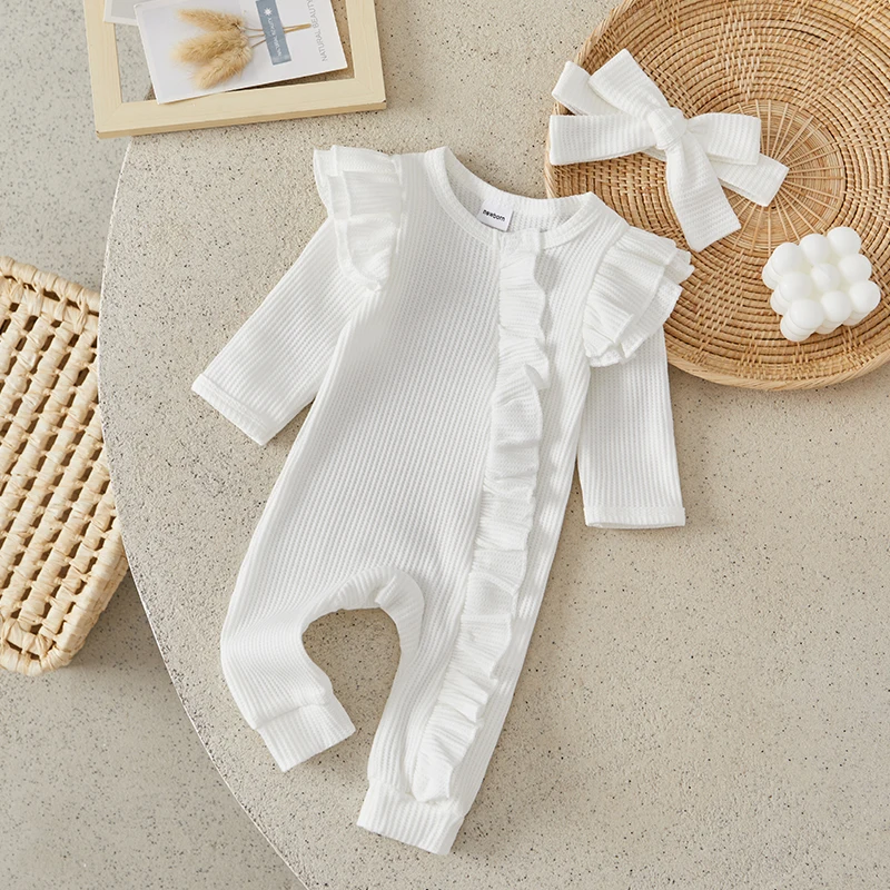 

Suefunskry Nebown Baby Girl Boy Spring Autumn Jumpsuit Solid Color Crew Neck Flying Sleeve Ruffled Zipper Romper with Headband