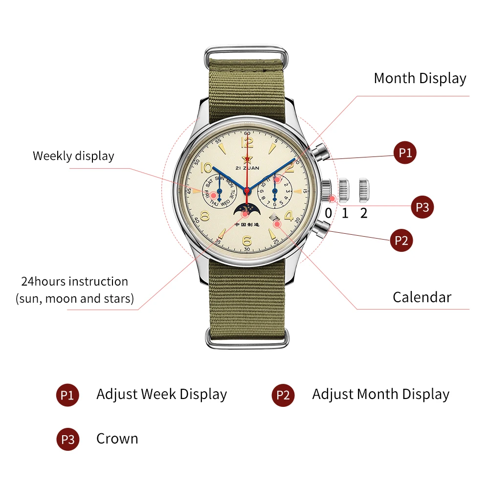 Seakoss 40 مللي متر متعددة الوظائف ساعات أوتوماتيكية للرجال التقويم أسبوع شهر الياقوت الزجاج حزام النايلون 1963 الطيار ساعة ميكانيكية