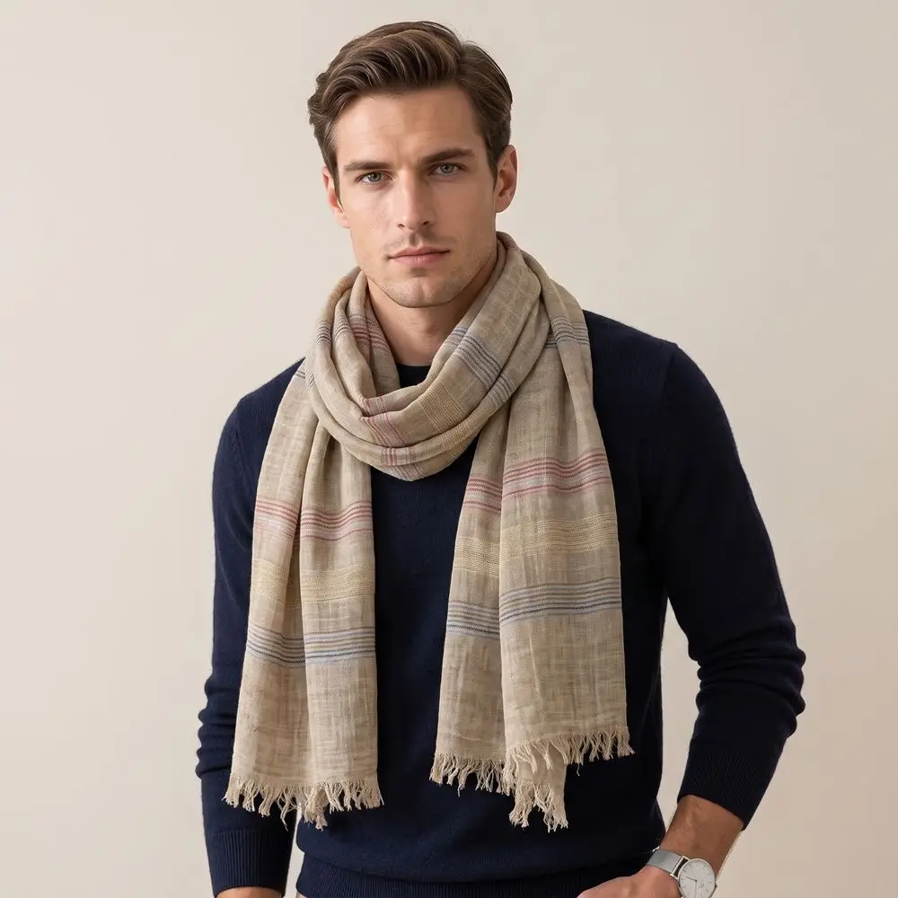 New Breathable Striped Scarf Short Tassel Warm Men Scarf Soft Lightweight Wrap Office