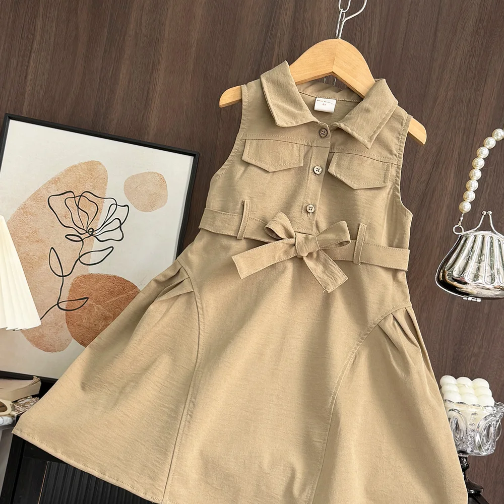 Bear Leader Mode Mädchen Windschutz Kleider Sommer ärmellose Arbeitsoutfits mit Bund einfarbige Kinderkleidung – Detail 4