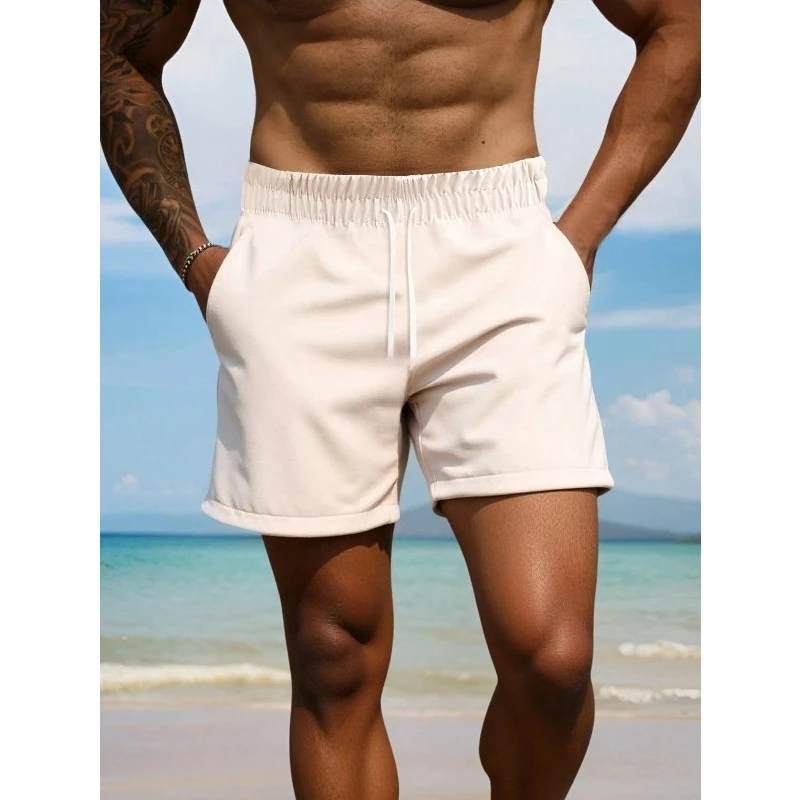 Мужские однотонные белые шорты на талии больших размеров на шнурке. Хлопковая спортивная одежда, фитнес и повседневные удобные брюки. Мужские шорты.