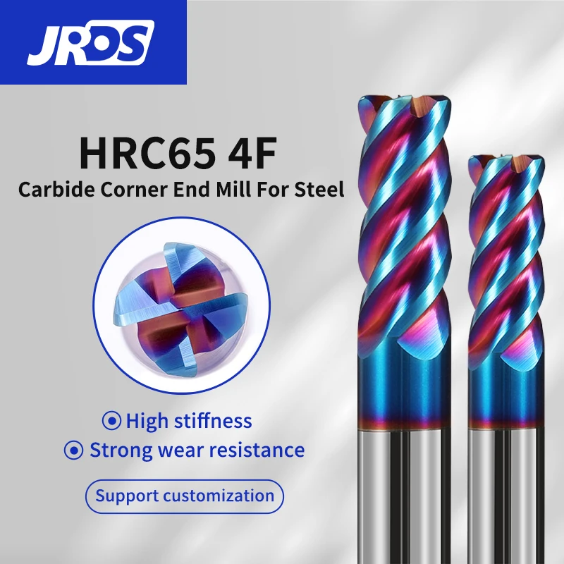 JRDS 65° Long Reach Carbide Corner Radius End Mill, 4 Flutes Coated CNC Milling Cutter For Metal Machining