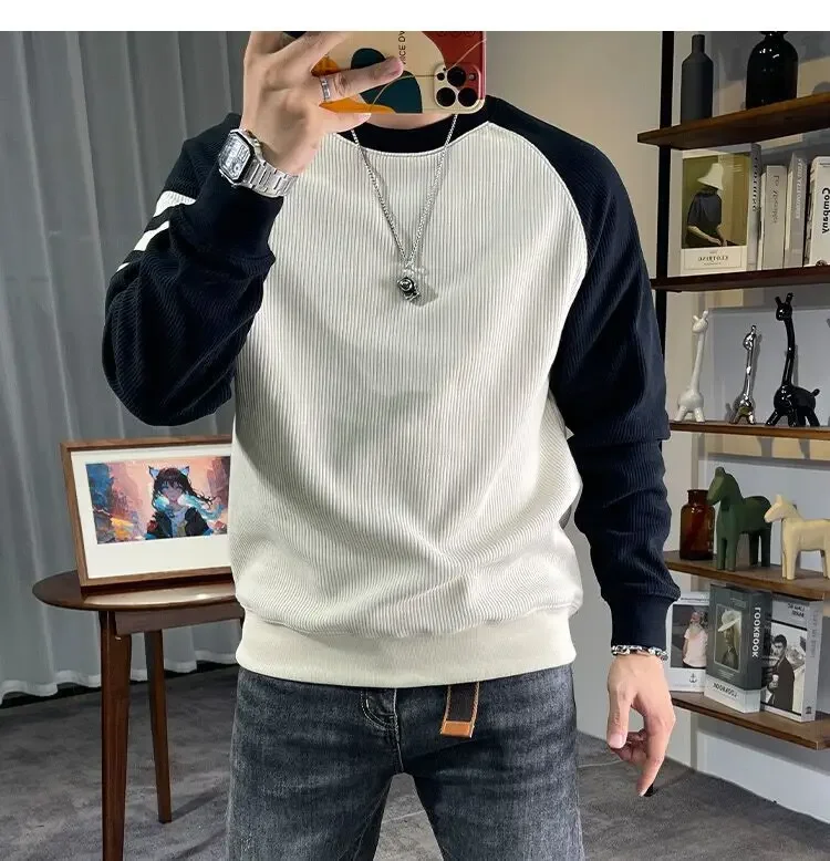 New Men's Long Sleeved Round Neck Pullover Casual Base Sweater with Vertical Stripe Splicing Contrasting Color Sweatshirt XJ170