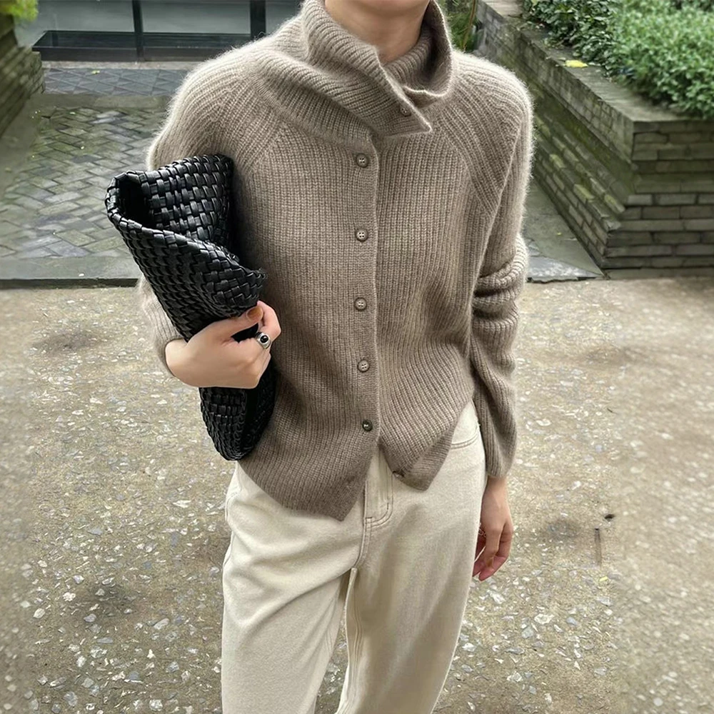 

European Station Retro Design Slim Stripe Knitwear Lazy Style Single Button Loose Solid Color Knitted Open Cardigan Women's