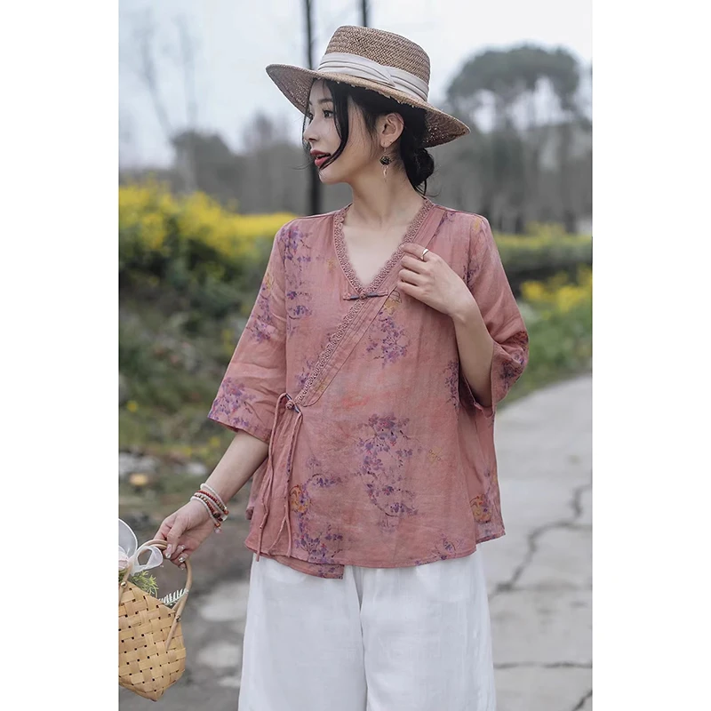 Retro Chinese Sle Vlasprint irt Dames plus Size Bloemen Kanten Kraag Gordel Vijfkwart Sve Top Casual Zomerblouse