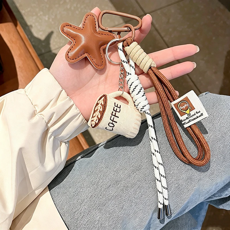 Bag Charm Cartoon Linen Embroidery Coffee Cup Pendant Lightweight Portable Cute Keychain for Backpack DIY Decor Charm Accessorie