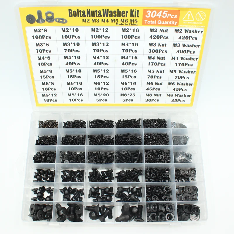 Imagem -04 - Aço Carbono Preto Allen Parafuso e Arruela Kit Parafuso Sextavado da Tampa do Soquete Cabeça Chata Escareada 3045 2520 2240 1420 1255 Pcs