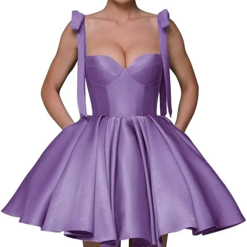 Personalizado elegante cintas de espaguete curto vestidos de baile simples laço até mini vestido de cocktail a linha vestidos de noche com