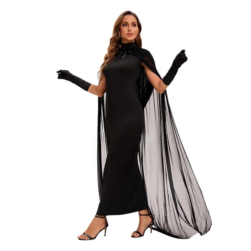 Fantasia de bruxa fantasmagórica com véu, capa para loween, bruxa, dança, baile, performance de palco, roupa étnica feminina