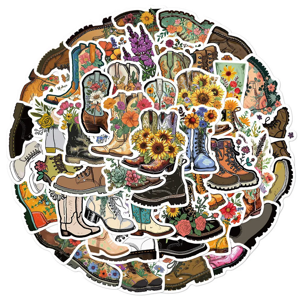 50 Pcs Flower-Adorned Boot Stickers - Waterproof DIY Decals for Decorating Notebooks, Laptops, Journals & Phone Cases