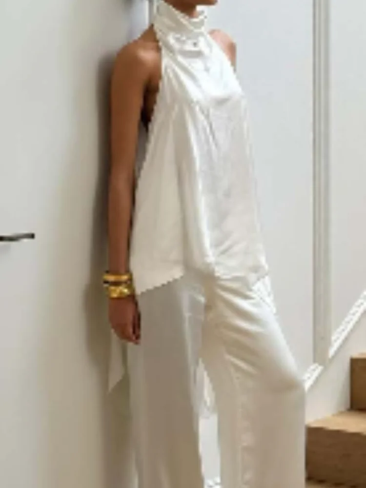 Conjunto de 2 piezas para mujer: Top halter sin espalda con hombros descubiertos y pantalón de cintura alta con dobladillo irregular, estilo casual 2026