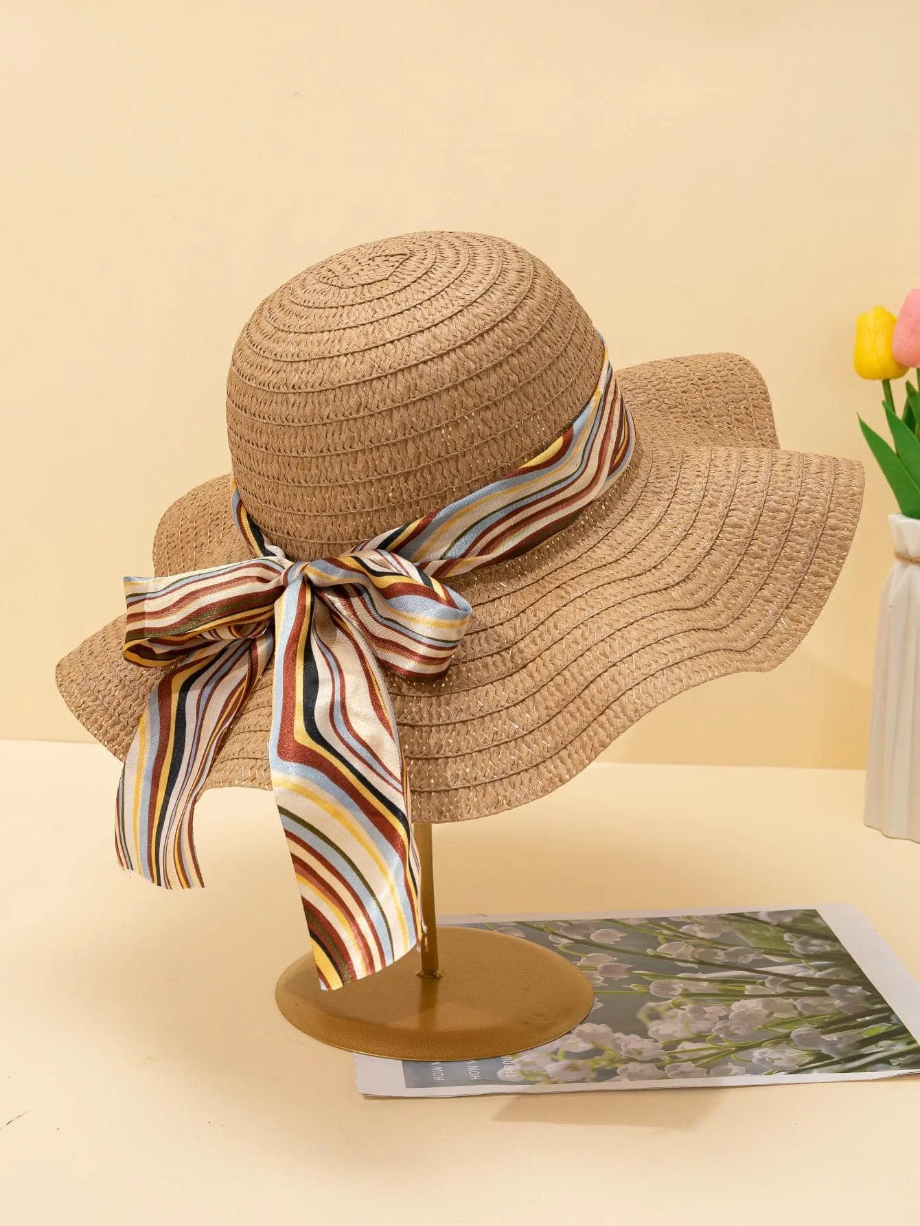 

1pc Women Summer Khaki Striped Bow Decor Straw Sun Hat, Beach Travel Holiday UV Protection