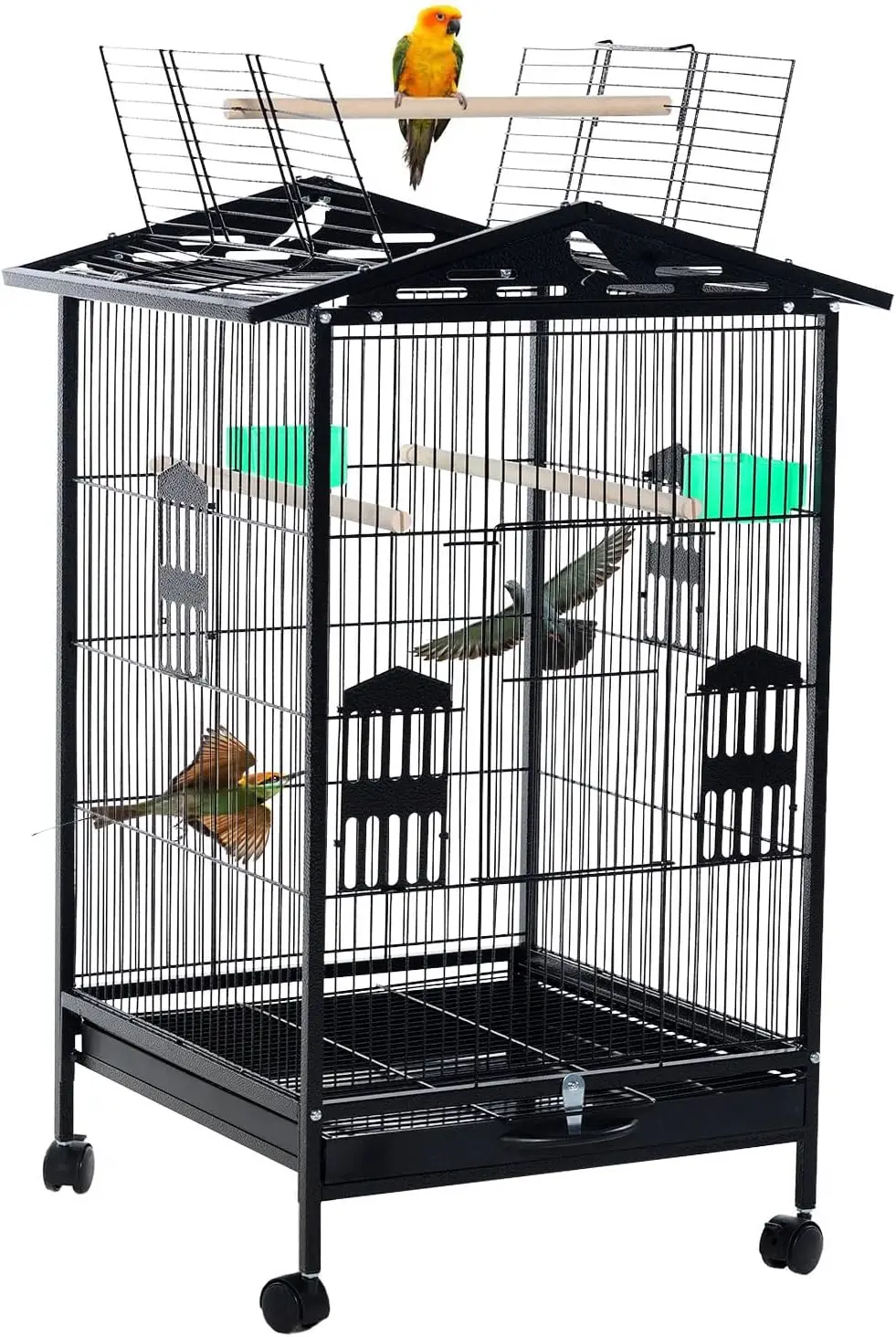 Jaula para pájaros grande, jaula para pájaros de vuelo de hierro forjado con soporte rodante y bandeja deslizante, jaula para pájaros para periquitos
