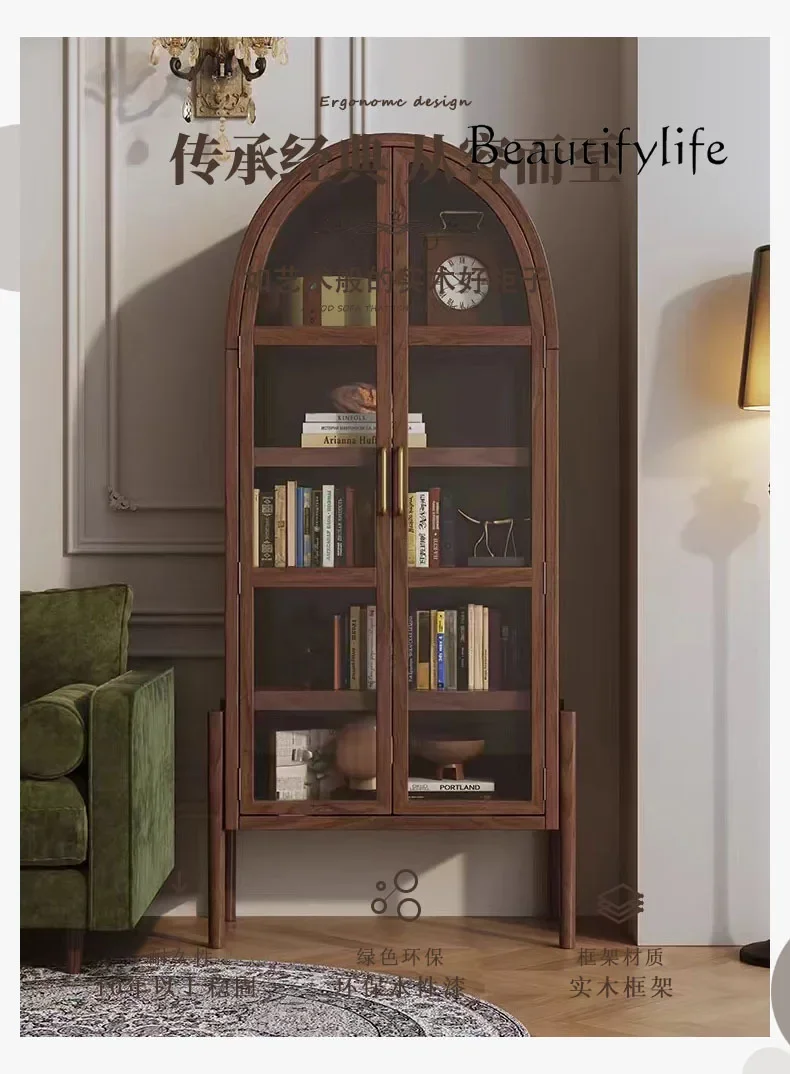 

Nordic Wall Solid Wood Retro Side Cabinet Living Room Arched Bookcase Dining Edge Ash Ultra-Thin Side Cabinet