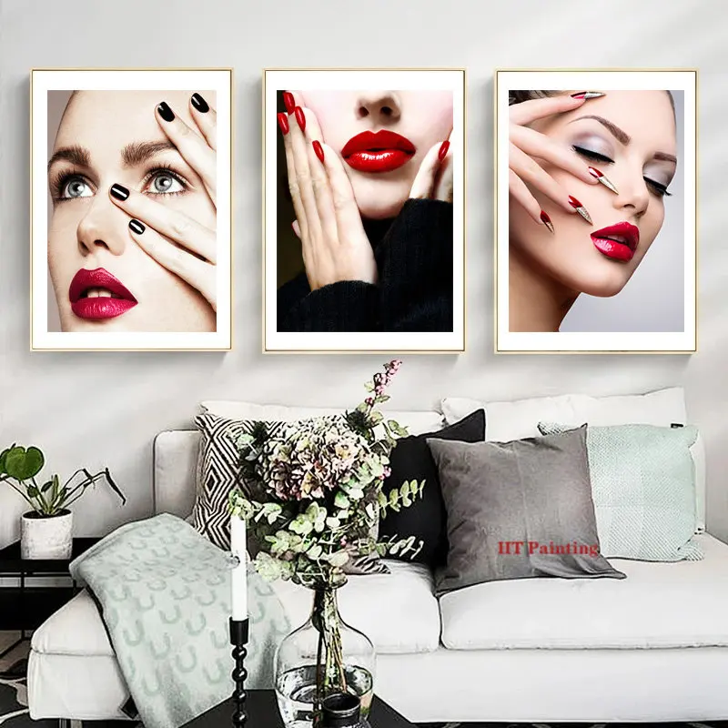 Beauty Salon Poster Fashion Nail Shapes Red Lips Canvas Painting Beautiful Makeup Girl Wall Pictures Home SPA Salon Decor