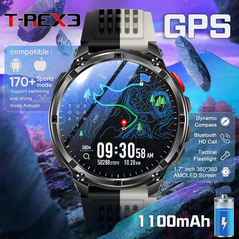T-Rex 3 GPS Smart Watch 1100mAh Battery AMOLED Display Bracelet 5ATM Waterproof Compass Call Military Swim Sport Smartwatch Men