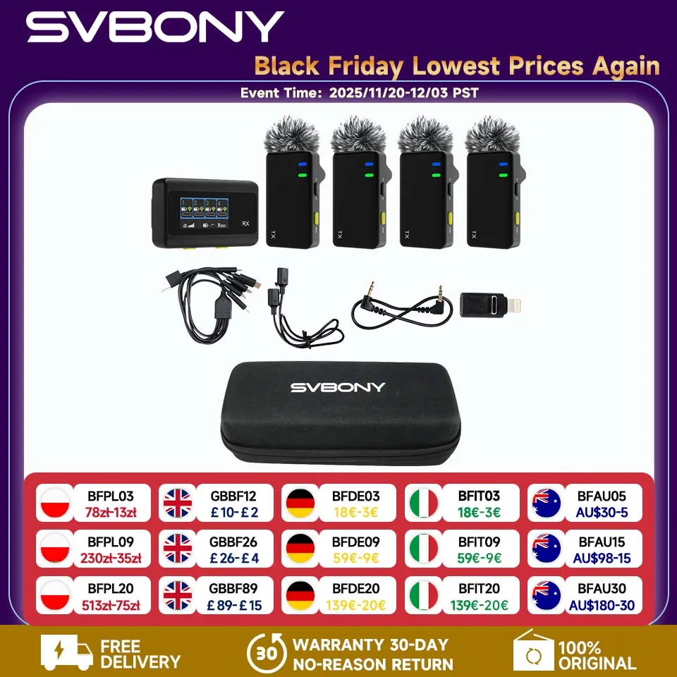 

SVBONY SVMic D4 Wireless Microphone System DSP Noise Reduction with Screen Display Safe Track for Multi-Person Recording