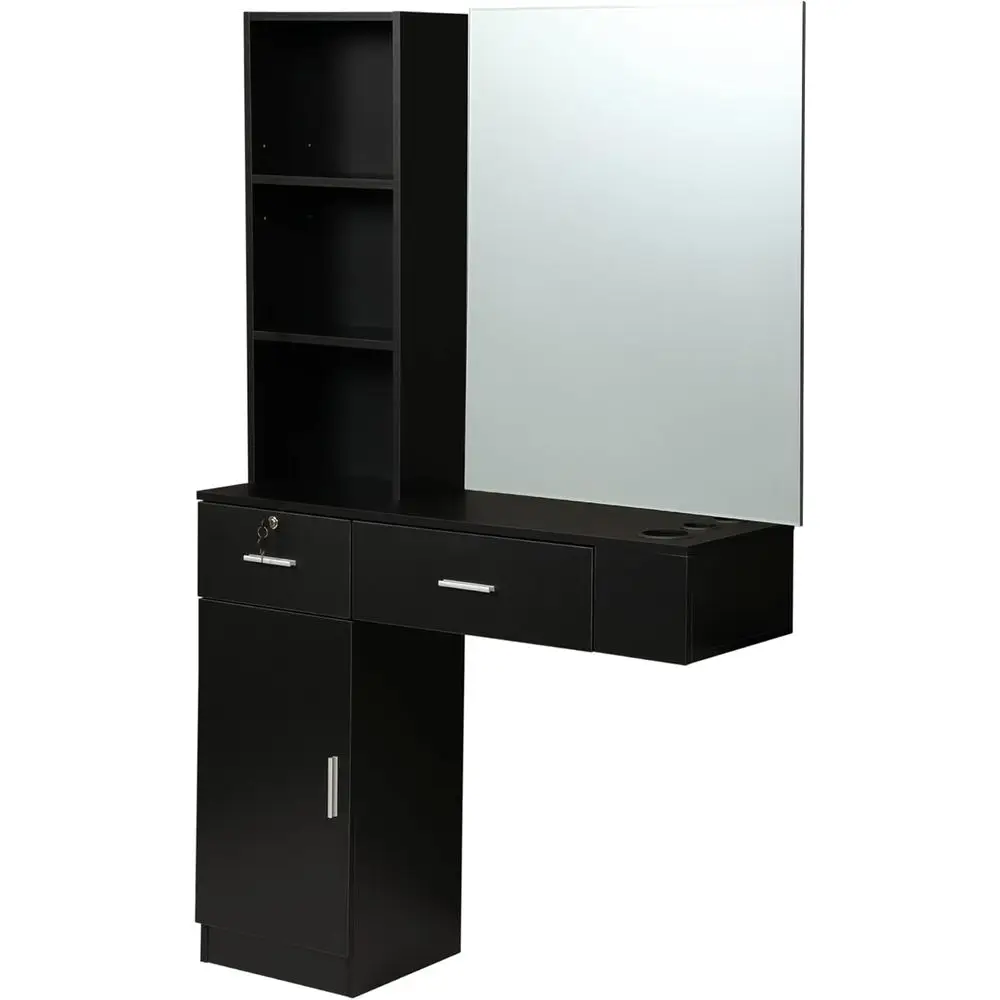 RESHABLE Wall Mount Sn Station with Mirror, Beauty Sn Barber Spa Equipment with Mirror, Shelves, Cabinet, Locking Ders, Table, S