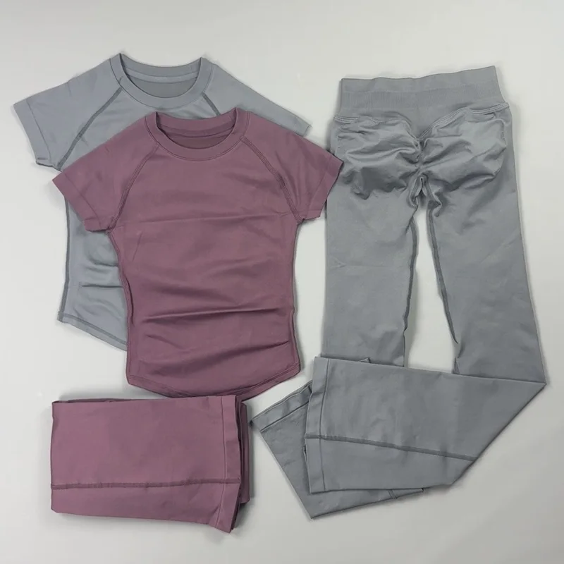 2 Pieces Gym Set Women Raglan Short Sleeve Crew Neck Workout Top Flare Leggings Soft Skin Fit Bootcut Pants Yoga Training Outfit