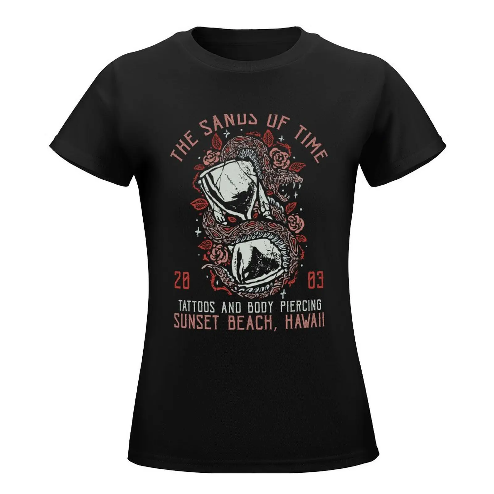 The Sands of Time, Sunset Beach, Hawaii Tattoo studio, Hourglass, Snake & Roses T-Shirt customs korean Women's clothes