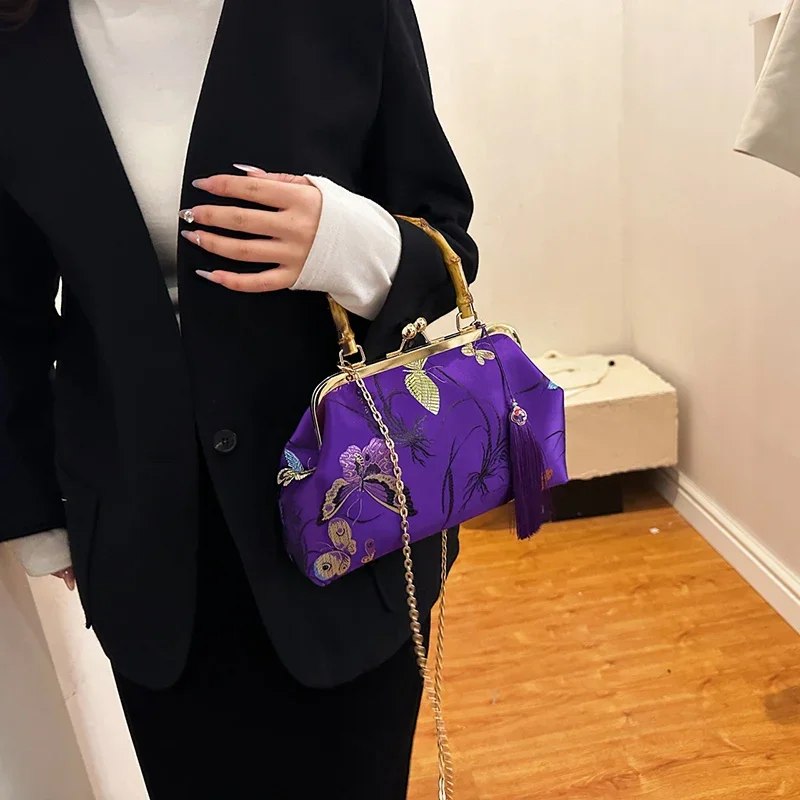 Fashion Women Butterfly Flower Lock Shell Clip Designer Chain Shoulder Bags Vintage Crossbody Bags Totes Purple Tassel Handbags