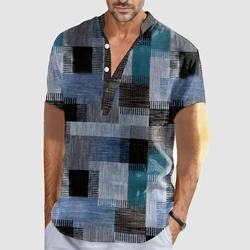 Color Block Patchwork 3D Print Henley Shirts Men's Vintage Button Stand Collar Short Sleeve T Shirt Male Tees Tops Man Clothing
