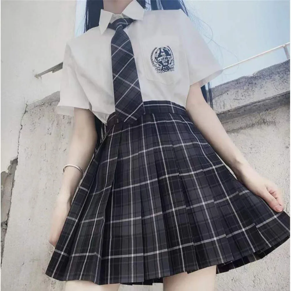 Mulheres harajuku preppy estilo doce kawaii plissado saia xadrez coreano cintura alta mini saias jk uniforme para mulher conjunto completo