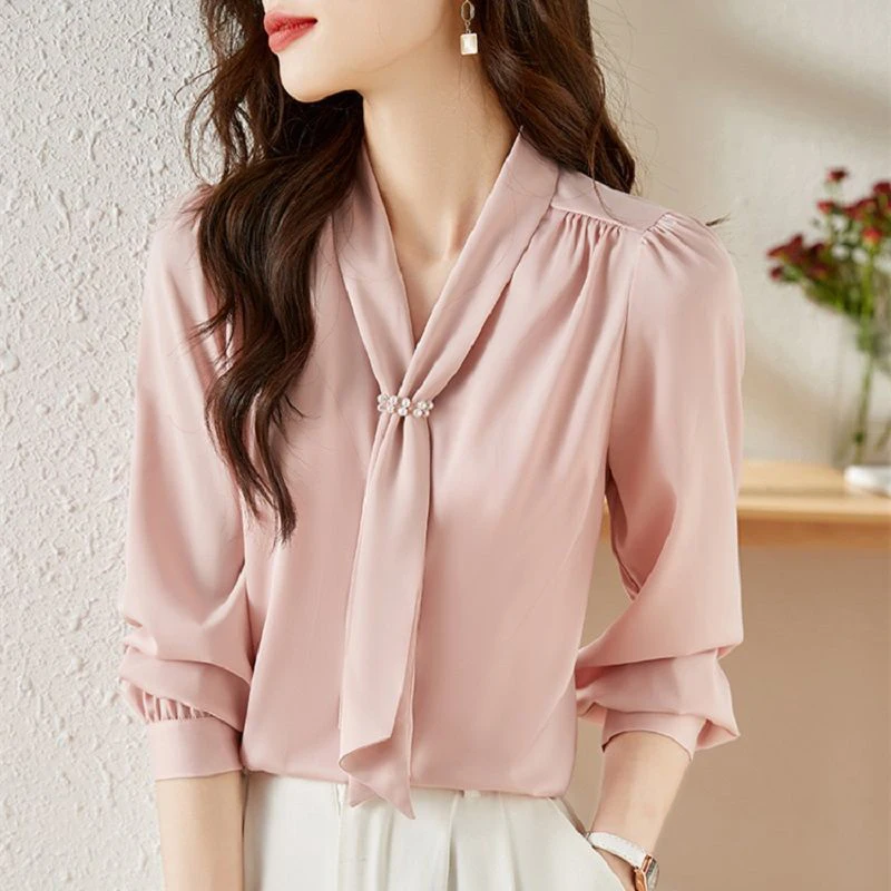 Autumn Elegant Fashion Commuter Chic Shirt Women Long Sleeve V Neck Drawstring Solid Color Bandage Loose Casual All Match Top