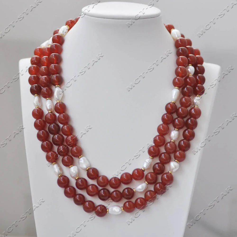 

Z14361 56 дюймов 10 мм красное круглое ожерелье из белого агата в стиле барокко с пресноводным жемчугом