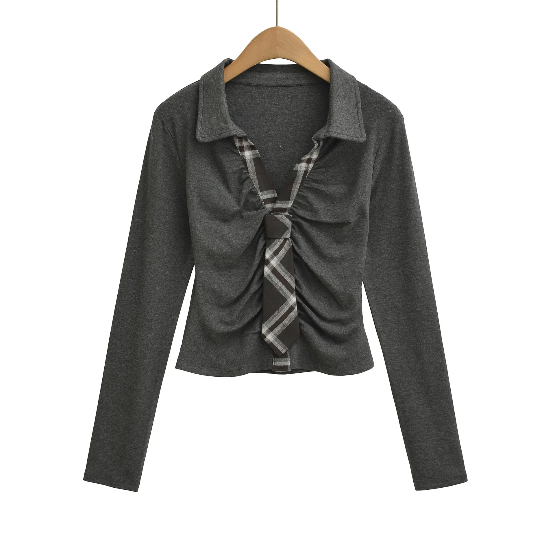 Camisa Polo fruncida ajustada con lazo a cuadros de dos piezas falsa para chica picante de estilo americano, Top para mujer, Camisa corta de cintura alta de otoño GFGX