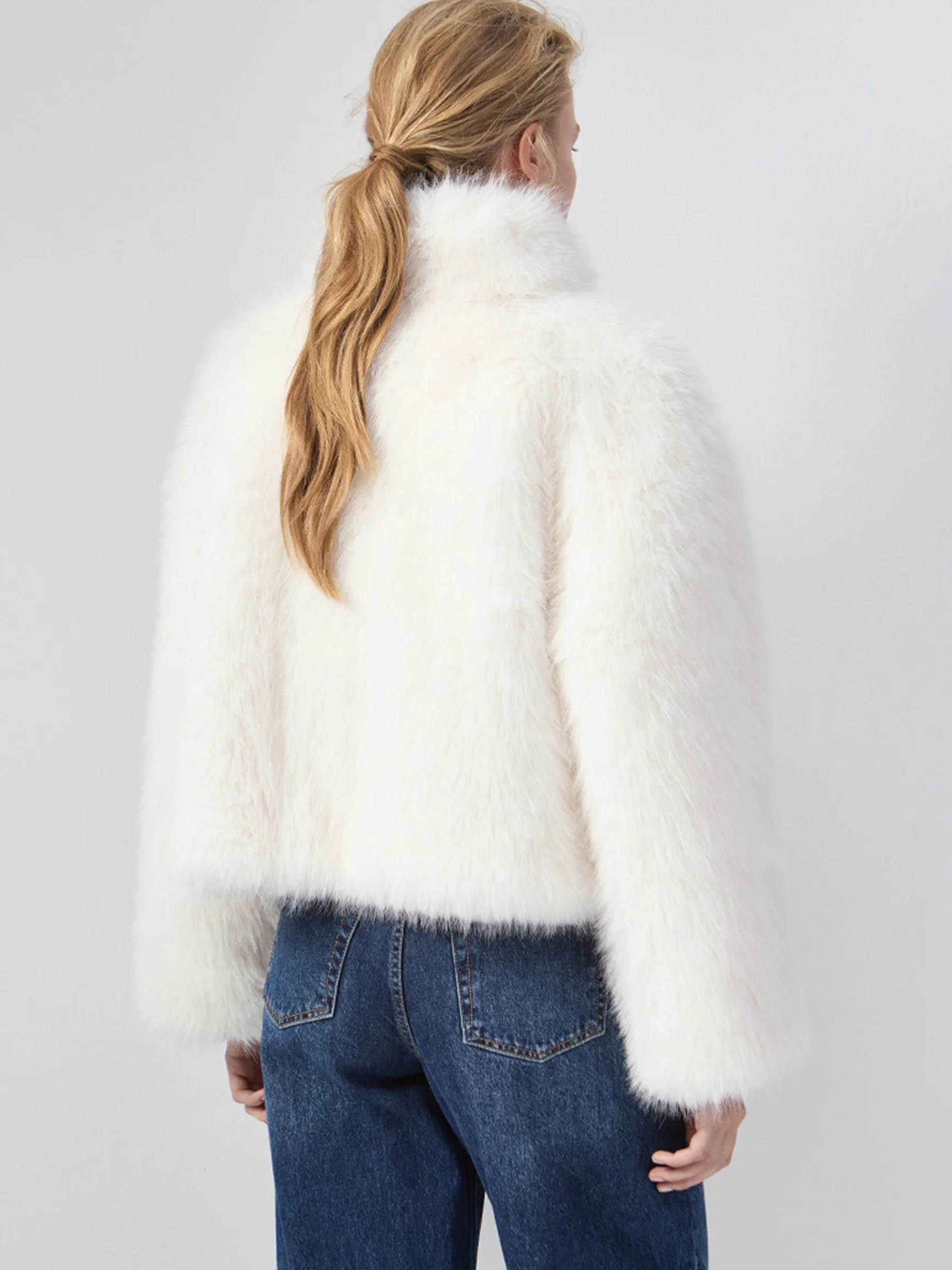 LIMO Cropped Women Faux Fur Coat Stand Collar Open Front Fluffy Long Sleeve Furry Jacket